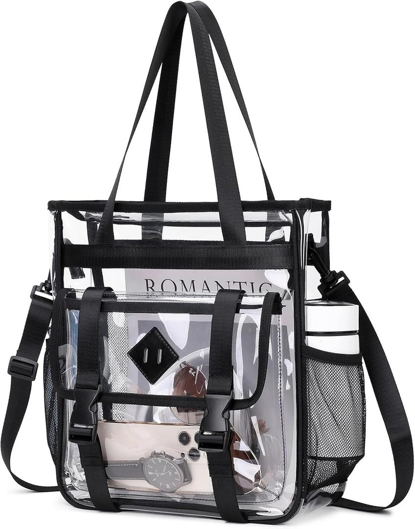 Clear Tote Bag Stadium Approved 12x6x12, Thickened Heavy Duty PVC Transparent Tote Bag Water Resistant (Black)