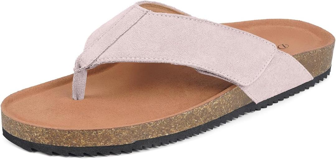 Mens Womens Cork Footbed Flip Flops Comfort Orthotic Thong Sandals Suede Leather Outdoor Summer Slip On Soft Cushion Walking Slippers with Plantar Fasciitis Arch Support, Pink, 7 Women/ 6 Men=39 EU