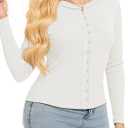 LOZ Womens Long Sleeve Button Down Shirts Slim Fit Crew Neck Tops Cute Ribbed Knit Casual Blouses Fashion Outfits (Medium)