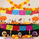 57pcs Day of The Dead Decor, 2 Marigold Garland, 20 Marigold Flowers, 18 Fake Butterfly, 9 Mexican Banner Papel Picado, 8 Skull for Indian Diwali Altar Dia De Los Muertos Decorations, Orange Yellow