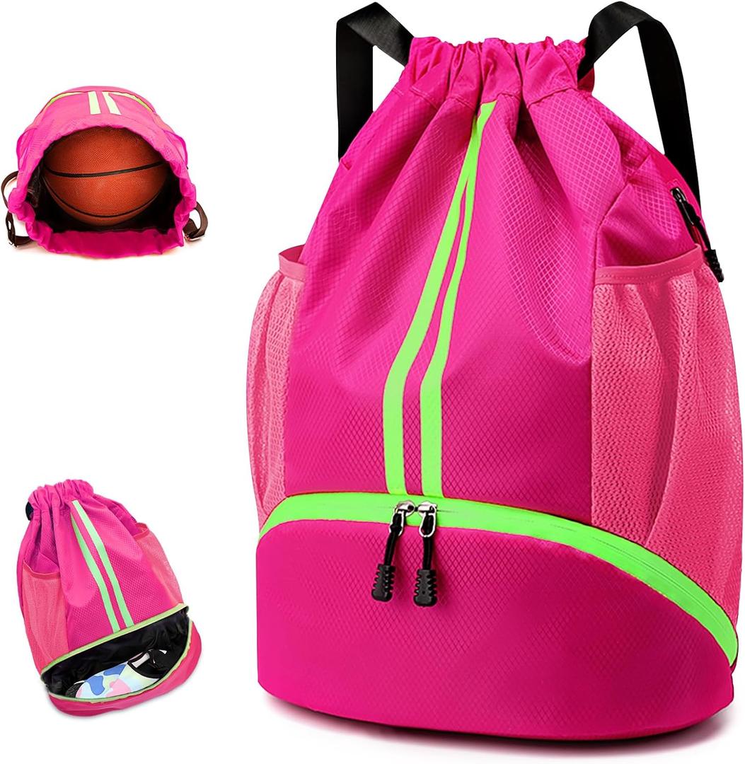 Drawstring Backpack Gym Bag Water Resistant Sports Sackpack with Zipper/Shoe Compartment/Wet Pocket/Mesh Pockets Gym Bag for Women Large Capacity String Bag for Travel Soccer Swim Hiking, Pink