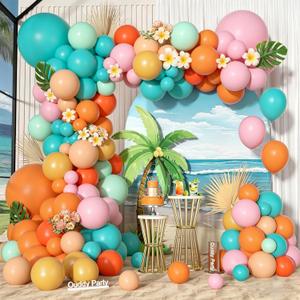 170Pcs Tropical Hawaiian Balloon Garland Arch Kit, Orange Pink Teal Blue Light Green Yellow Red Colorful Balloons for Summer Pool Beach Tropical Flamingo Luau Baby Shower Birthday Party Decorations