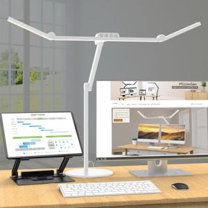 Micomlan Led Desk Lamp with Atmosphere Lighting, Rotatable Tall Architect Desk Lamp for Home Office with Swing Arm, 24W Bright Auto Dimming Adjustable Computer Light with Base for Table (White)