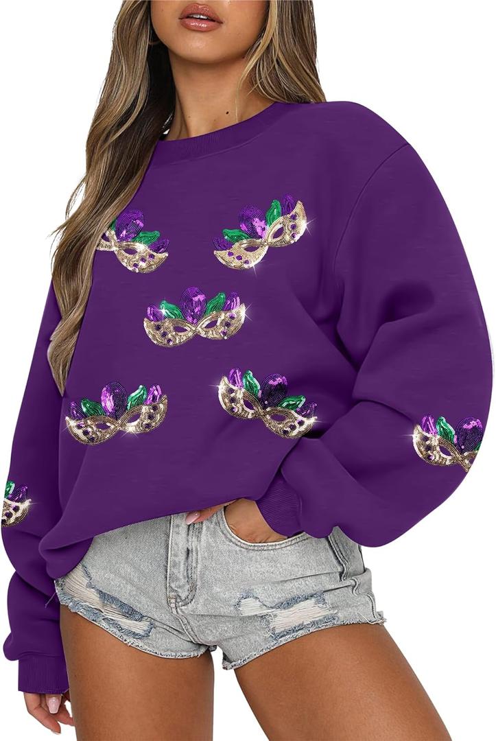 ASTANFY Womens Mardi Gras Sweatshirt Carnival Sequin Purple Sweater Masks Graphic Shirt Crewneck Long Sleeve Tops (Medium)