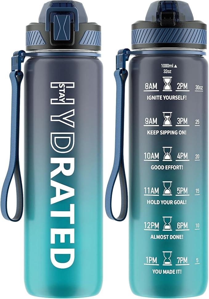 QLUR Water Bottle with Straw, 32oz Motivational Water Bottles with Time Marker to Drink, Tritan BPA Free, 1L Sports Water Bottle with Carry Strap LeakProof for Women Gym Fitness Outdoor (1 Pack)