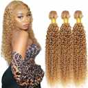 Color #27 Kinky Curly Bundles Honey Blonde Kinky Curly Human Hair 3 Bundle 28 30 32 Inch Unprocessed Brazilian Virgin Remy Hair Weave Double Weft Blonde Hair Soft & Silky & Full 300g