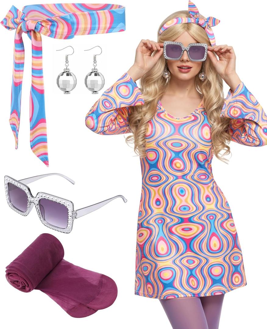 Janmercy 5 Pcs 70s Disco Outfit for Women Hippie Costumes Accessories 70s 80s Halloween Decades Party Cosplay (Medium, Retro)