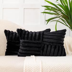 All Smiles Couch Decorative Throw Pillow Covers 12X20 Set of 2 Faux Fur Plush Soft Fluffy Lumbar Cushion Case Cozy Fuzzy Striped Pillowcase Home Decor for Bed Sofa Living Room,Black