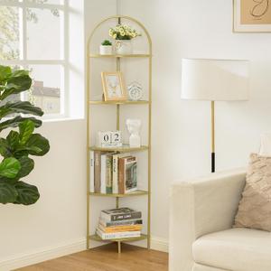 Homhedy 5-Tier Corner Shelf Stand, Metal Corner Bookshelf, Tempered Glass Shelves, Bathroom Storage Rack Shelf, Plant Stand, Modern Style, Golden