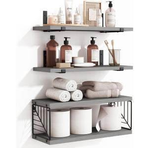 Fixwal 3+1 Tier Bathroom Floating Shelves Over Toilet, 15.8in Farmhouse Rustic Wood Shelves, Wall Decor for Bathroom, Living Room,Bedroom and Kitchen (Gray) (Grey)