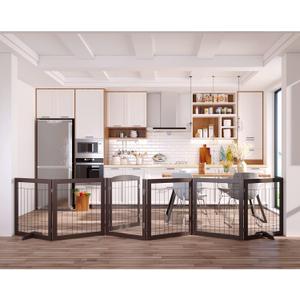 Vantas Folding Pet Gate 144" Wide, 30" Tall No-Assembly Wooden Dog Gate with Door Walk Through, Freestanding Wire Pet Gate, Pet Puppy Safety Fence, with 2PCS Support  Espresso