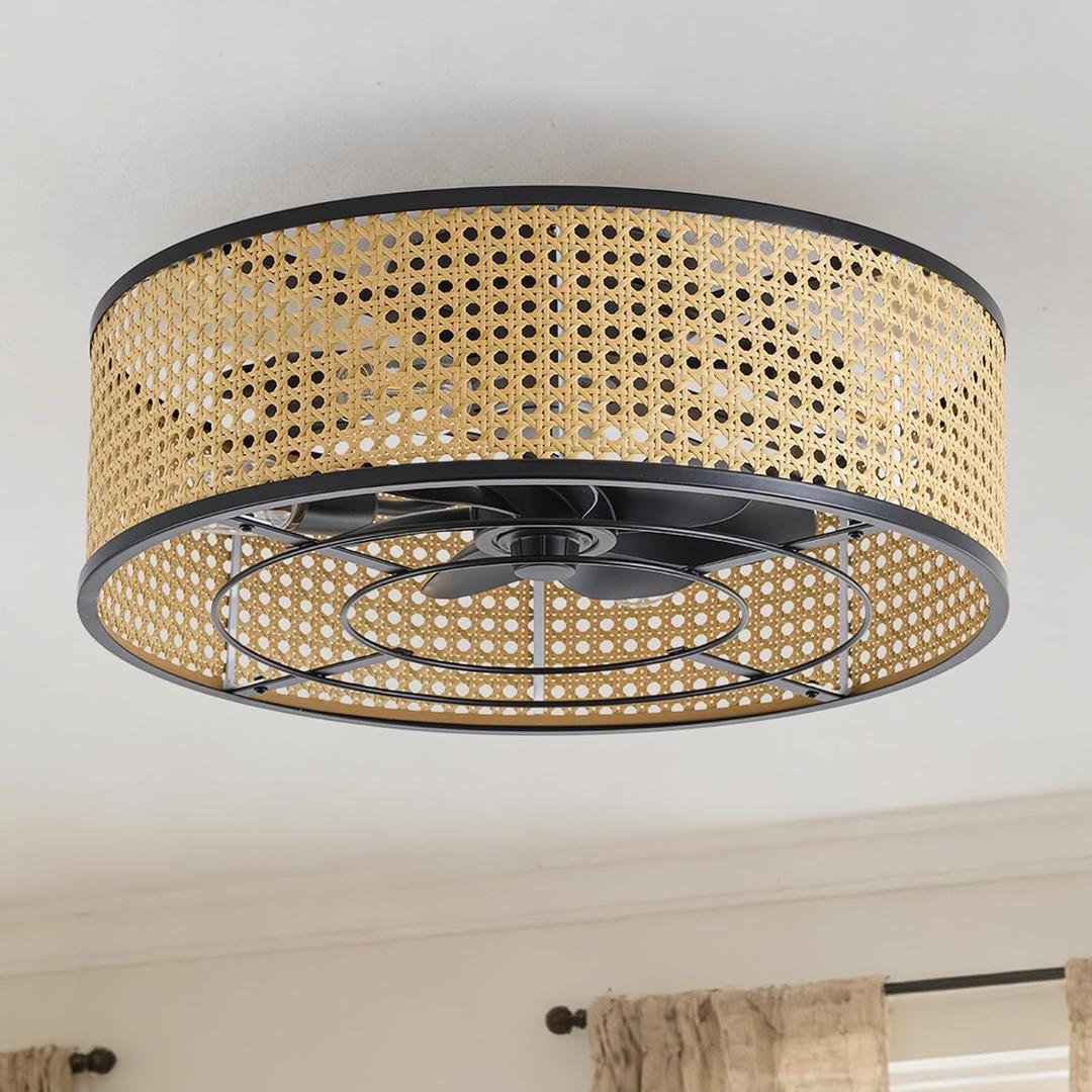 Boho Caged Ceiling Fan with Light, 20" Rattan Flush Mount Ceiling Fans with Lights Remote Contro, Bladeless Enclosed Fandelier Fan Safe for Bedroom, Living room, Nursery
