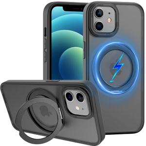 ZHK 360 Rotatable Ring for iPhone 12/12 Pro Case Magnetic, [Military Grade Drop Proof] [Translucent Frosted Back Panel] Slim Non-Slip Matte Phone Case for iPhone 12/12 Pro 6.1'', Space Black