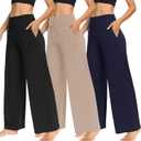 TNNZEET 3 Pack Women's Wide Leg Pants with Pockets - Casual Loose Yoga Trouser Pants Sweatpants Palazzo Lounge Pajama Pants (Black, Navy Blue, Khaki)