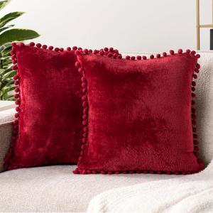 PAVILIA Burgundy Red Throw Pillow Covers with Pom Pom 20x20 Set of 2, Decorative Pillow Cases for Bedroom Aesthetic, Small Throw Pillows Set for Bed, Velvet Euro Plush Cushion Covers for Sofa Couch
