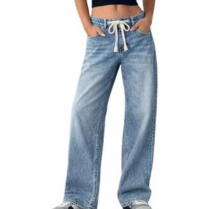 ELLEVEN Womens Low Rise Baggy Jeans, Casual Drawstring Wide Leg Denim Pants with Pockets (Blue)
