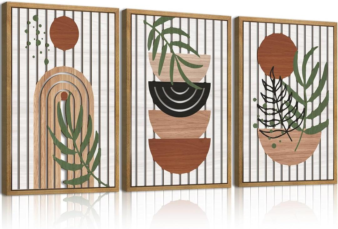 DRACIT Large Boho Mid century Wood Framed Canvas Wall Art Set, Modern Neutral Bohemian Wooden Wall Decor, Minimalist Abstract Geometric Leaf Wall Sculptures for Living Room, Bedroom, Office-16 x243