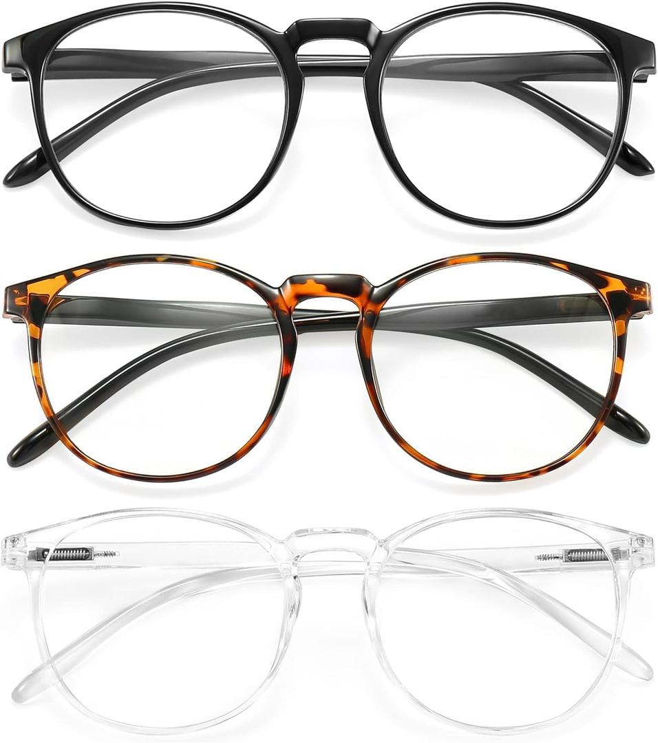 IBOANN Chic & Comfy Blue Light Glasses for Women - 3-Pack Round Frames, Screen-Ready Style with UV Protection Coating (B119 Light Black & Leopard Yellow Mix& Tranparent)