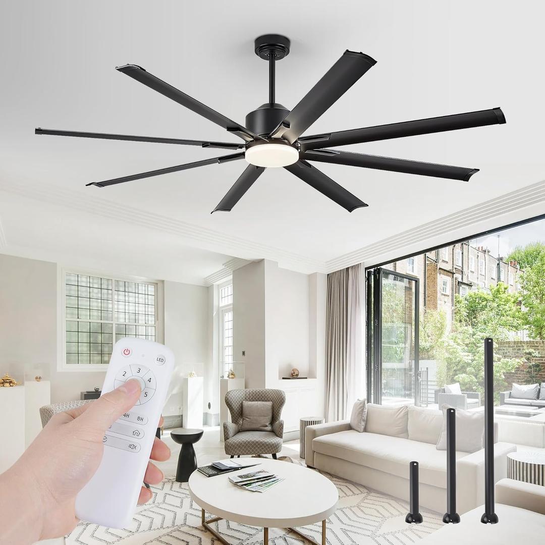 72 inch Aluminium Blade Ceiling Fans with Lights and Remote, Outdoor Ceiling Fans for Patio Living Room with Quiet DC Motor, 6 Speed Reversible, 3 CCT, Black Industrial Ceiling Fan, 8 Blades