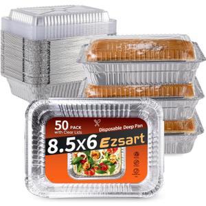 Ezsart Aluminum Pans with Clear Lids - 50 Pack 2.25LB Capacity Disposable Pans with Plastic Dome Lids, 8.5x6 Heavy Duty Tin Foil Pans for Cake Baking, Cooking, Heating, Storing, Prepping Food