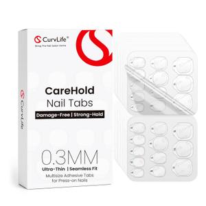 Curvlife CareHold Nail Adhesive Tabs for Press On Nails  20 Sheets, 12 Sizes Strong Hold 0.3mm Ultra Thin Nail Glue Stickers Waterproof Breathable Double Sided Sticky Tabs, Gentle Removal
