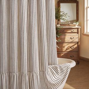 Farmhouse Shower Curtain with Ruffle Hem Linen Shower Curtains for Bathroom Country Vintage Rustic Natural Fabric, Cream-Brown Stripe 60" W x 72" L