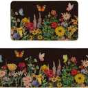 Artoid Mode Black Flowers Butterfly Spring Kitchen Mats Set of 2, Seasonal Home Decor Leaves Low-Profile Kitchen Rugs for Floor - 17x29 and 17x47 Inch