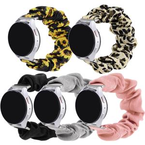 5 Packs 20mm Bands Scrunchie Band Compatible with Samsung Galaxy Watch 7 6 5 4 (40mm/44mm)/Galaxy Watch 3 (41mm)/Active/Active 2/Galaxy Watch 42mm for Women (Black/Pink/Leopard/Grey/Sunflower)