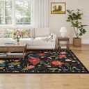 6x9 Black Area Rugs for Living Room, Floral Vintage Washable Rug Boho Non Slip Large Rugs, Low Pile Carpet Spring Decor for Bedroom Dining Room Kids Playroom Dorm