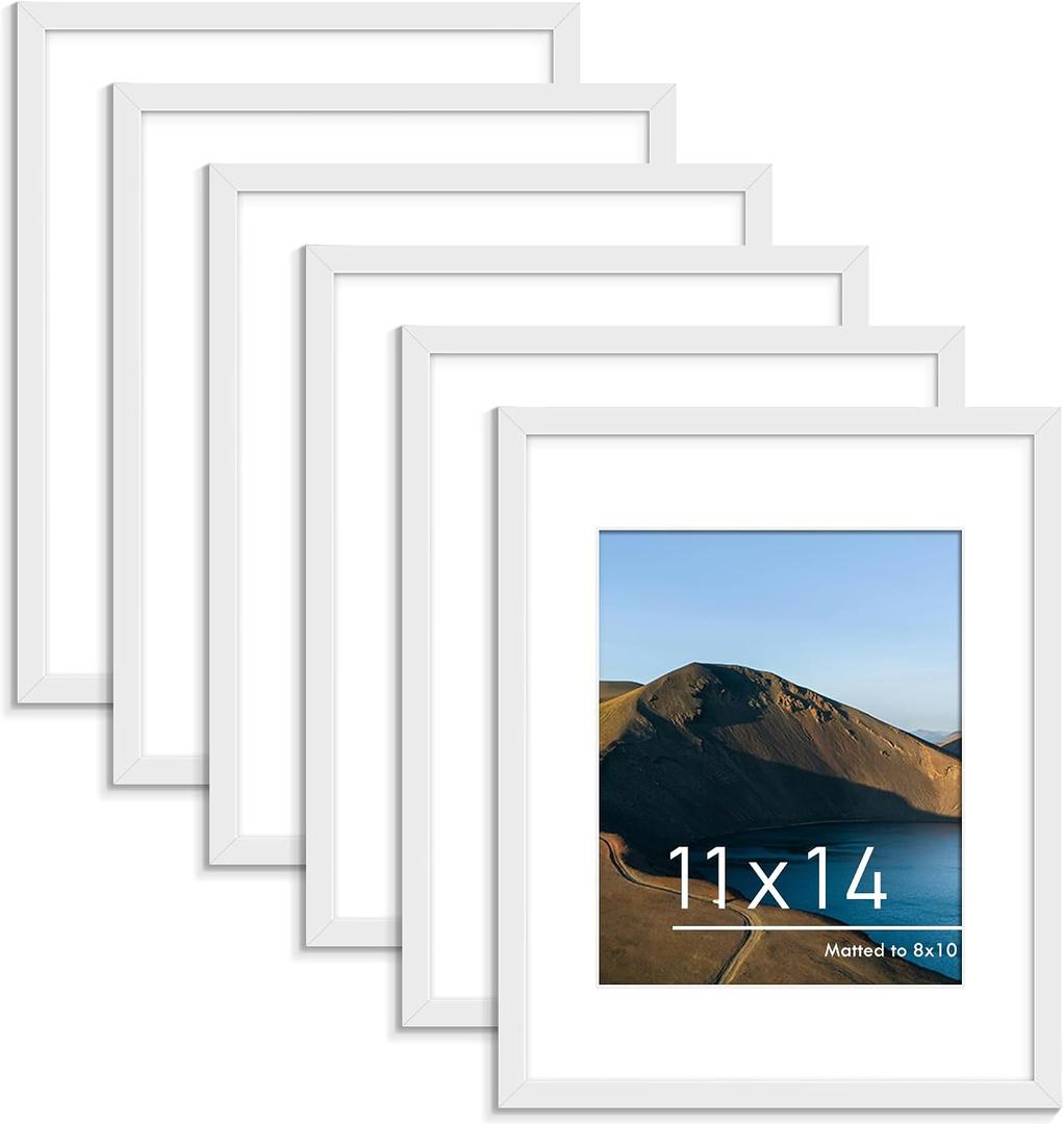 PEALSN 11x14 Picture Frame Set of 6, Display Pictures 8x10 with Mat or 11x14 without Mat for Wall Mounting or Table Top Display, Photo Frames Collage for Wall Decor, White