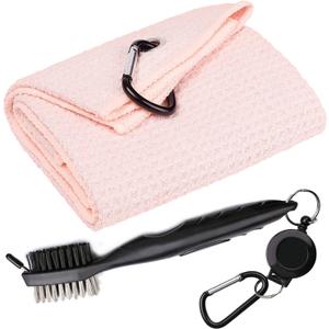Golf Towels, Microfiber Waffle Pattern Tri-fold Golf Towel - Brush Tool Kit with Club Groove Cleaner, with Clip Men Women Golf Gifts (Pink Towel+Black Brush) Golf Towels, Microfiber Waffle Pattern Tri-fold Golf Towel - Brush Tool Kit with Club Groove Cleaner, with Clip Men Women Golf Gifts (Pink Towel+Black Brush)