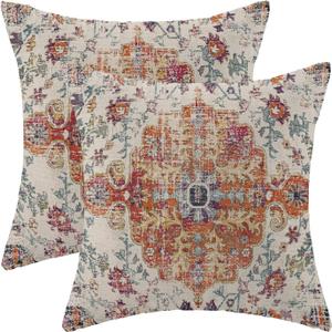 Burnt Orange Blue Boho Pillow Covers 18x18 Set of 2, Ethnic Design Decorative Throw Pillows Linen Carpet Pattern Farmhouse Cushion Pillow Covers for Sofa Couch Outdoor Decor