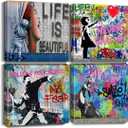 Biufo Banksy Canvas Wall Art Artwork Graffiti Street Print Pictures for Bedroom Living Room Wall Decor (12"x12"x4Pcs) (White)