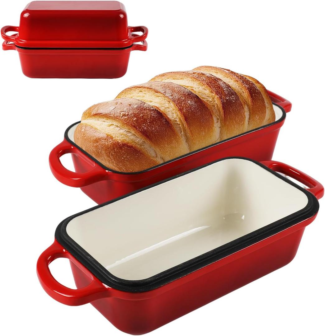 9 x 5 Inch Bread Pan Enameled Cast Iron Loaf Pan with Lid for Baking, 2 in 1 Non-stick Sourdough Bread Loaf Pan for Homemade Bread, Oven & Stovetop Safe for Gas, Electric & Induction, Red