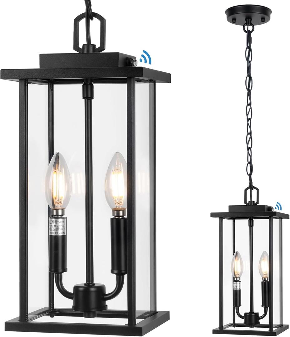 Large 16" Dusk to Dawn Outdoor Pendant Light, Metal and Glass Hanging Light Mount, 2-Light Black Outdoor Chandelier, Waterproof Exterior Hanging Lantern for Front Porch Ceiling Light, 1-Pack