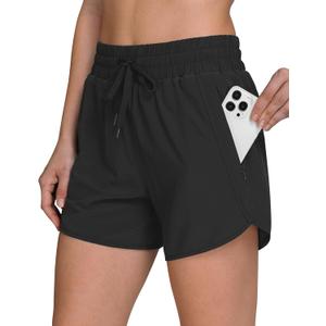Women's 5" Running Shorts Quick Dry Sporty Athletic Gym Workout Shorts with Zipper Pockets Liner (Black, L)