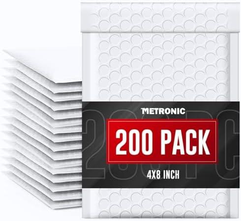 METRONIC 4x8" Bubble Mailer 200 Pack Waterproof White Small Bubble Mailers Usable Size 4x7" Self Seal Mailing Envelopes Bubble Padded for Small Business Mailing Jewelry Makeup Cards Envelope Mailers