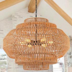 Large Rattan Chandelier Boho Pendant Light Fixture Dinning Room Chandelier Boho Hanging Light 31.5IN Basket Light Woven Rattan Pendant Light for Kitchen Island Hallway Bedroom Farmhouse Living Room