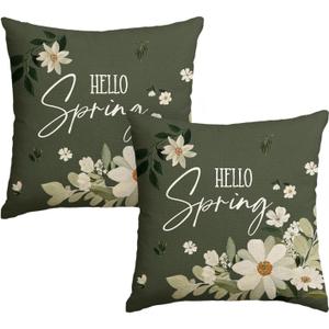 AVOIN colorlife Hello Spring White Daisy Throw Pillow Covers, 18 x 18 Inch Dark Green Eucalyptus Leaves Cushion Case Decoration for Sofa Couch Set of 2