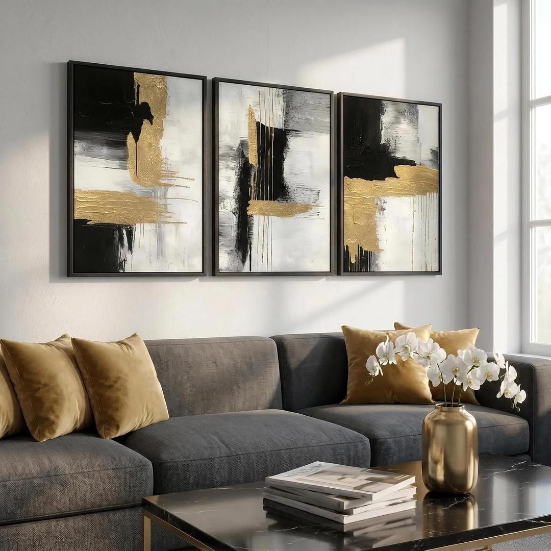 3D Textured Black and White Abstract Wall Art with Gold Foil for Living Room, Framed 3 Pcs Hand Painted Oil Paintings for Office, Large Luxury Wall Decor for Bedroom 16 * 24 Inch, 16"x24"x3