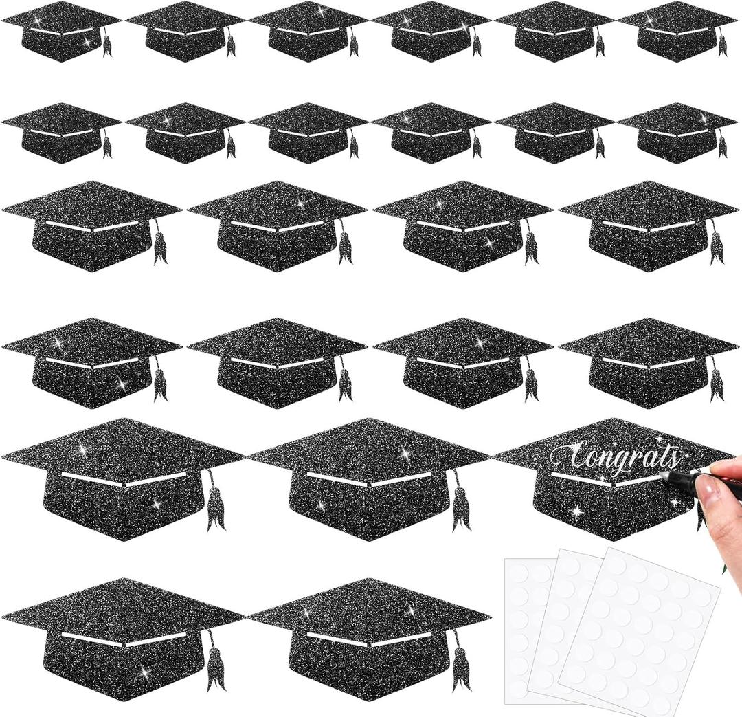 2 x Fuutreo 120 Pcs Glitter Grad Caps Cutouts with 120 Glue Points, 6 inch, 4 inch, 3 inches Graduation Caps Glitter Confetti Class of 2025 Paper Tags for DIY Craft Bulletin Board School Supplies(Black)