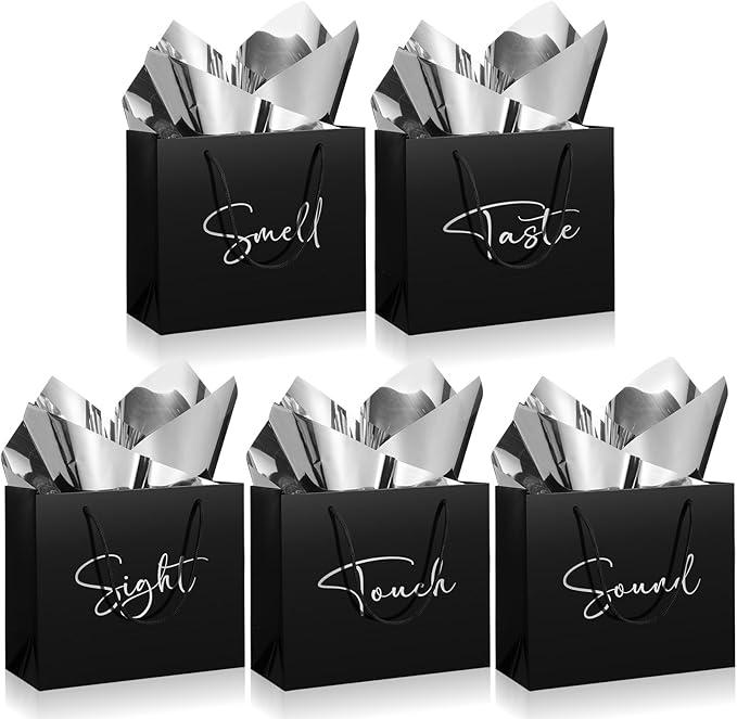 Sweetude 5 Pcs 5 Senses Black Gift Bags for Him and Her, Senses Gift Bags with Handles and 10 Pcs Tissue Paper, 9 x 4 x 7.8 Inch Elegant Paper Decor for Birthday Wedding Anniversary