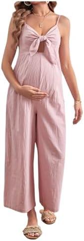 OYOANGLE Women's Maternity Tie Front Jumpsuit Spaghetti Strap Wide Leg Pregnancy Long Pants Romper, Size Medium