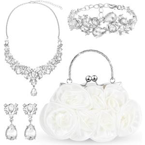 4 Pcs Flower Clutch Rhinestone Jewelry Set Rose Clutch Handbags with Detachable Strap Detachable Necklace Earrings Bracelets for Wedding Party Prom Valentine Gift