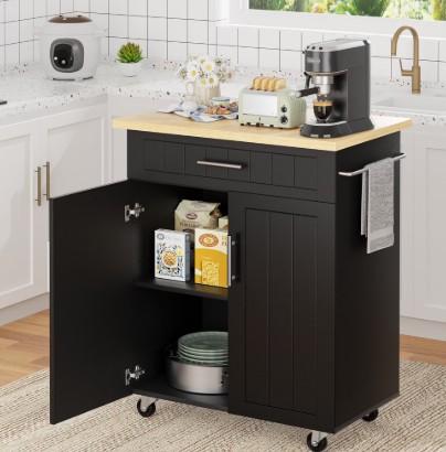 Walsunny Kitchen Island Table Stand with Storage on Wheels, Rolling Kitchen Cart Storage Cabinet with Drawer, Black