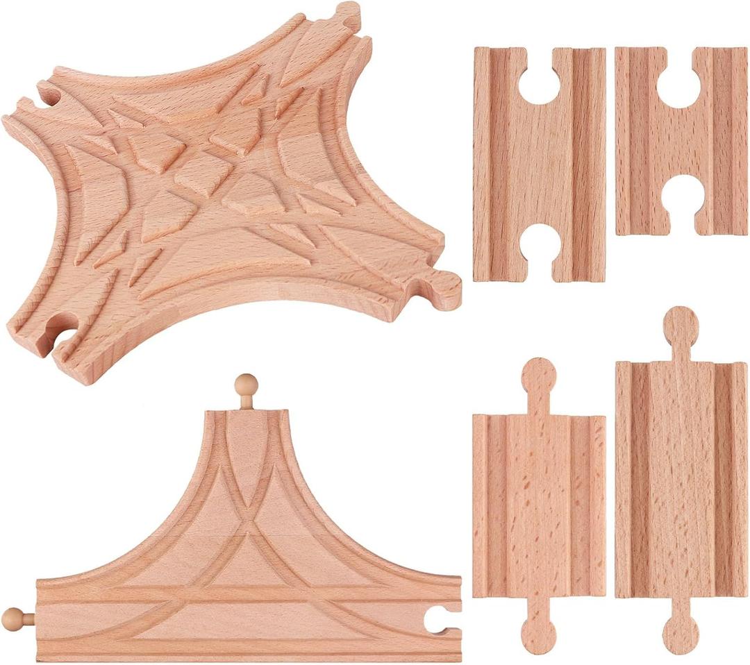 6 Pieces Switch Track Wooden Train Set Wooden Train Track Set-1Pc T Switch 1Pc Switching Track Wood-en Train Bridges Straight Wood Train Tracks Accessories for Most Major Toy Tra-in Tracks Railway
