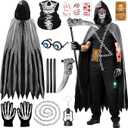 MOVINPE Grim Reaper Costume Set for Men Adults Halloween Outfit– Hooded Cloak with Skull Mask, Skeleton Gloves, Scythe, Tattoos, Fake Chain, Glasses & Lantern Keychain Cosplay