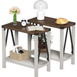 ChooChoo Farmhouse End Table Set of 2, Narrow Side End Table with Storage Shelf, Rustic A-Design Nightstand Sofa Table for Living Room, Bedroom(White&Brown), 2 Pack