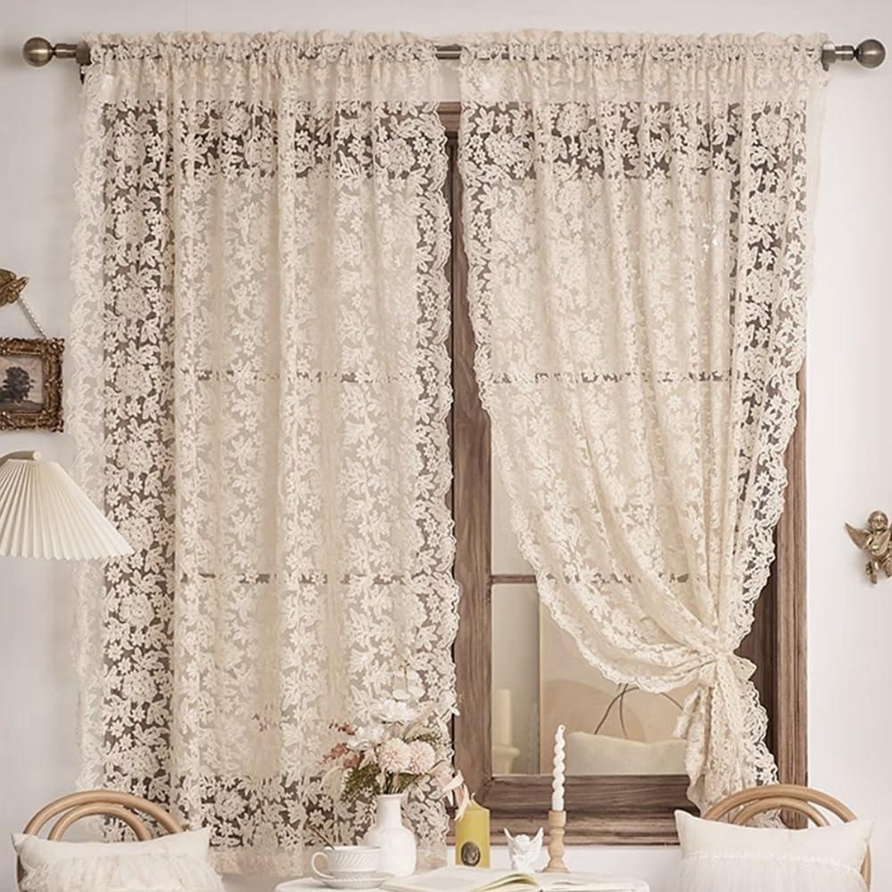 Elegant Floral Lace Sheer Curtains for Bedroom Romantic Flower Embroidered Voile Curtain for Kitchen Vintage Privacy Lace Sheer Tulle Curtains for Living Room Rod Pocket, 2 Panels (Beige,W51 L63 inch)