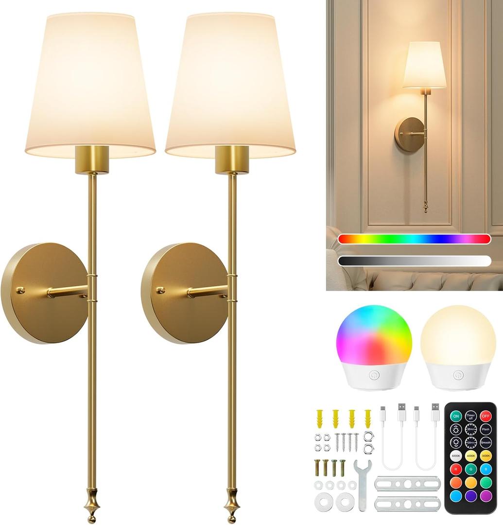 Brightown Battery Operated Wall Sconces Set of 2, Cordless Wall Lights with Rechargeable Bulbs and Remote, 12 Lighting Colors and Dimmable, Battery Powered Wall Lights for Bedroom Living Room, Gold